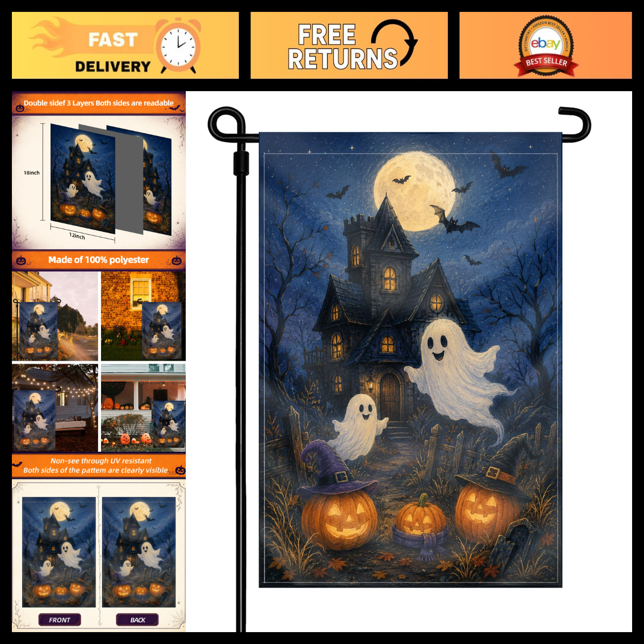 Ghost Family Garden Flag Halloween House Outdoor Decor 12x18