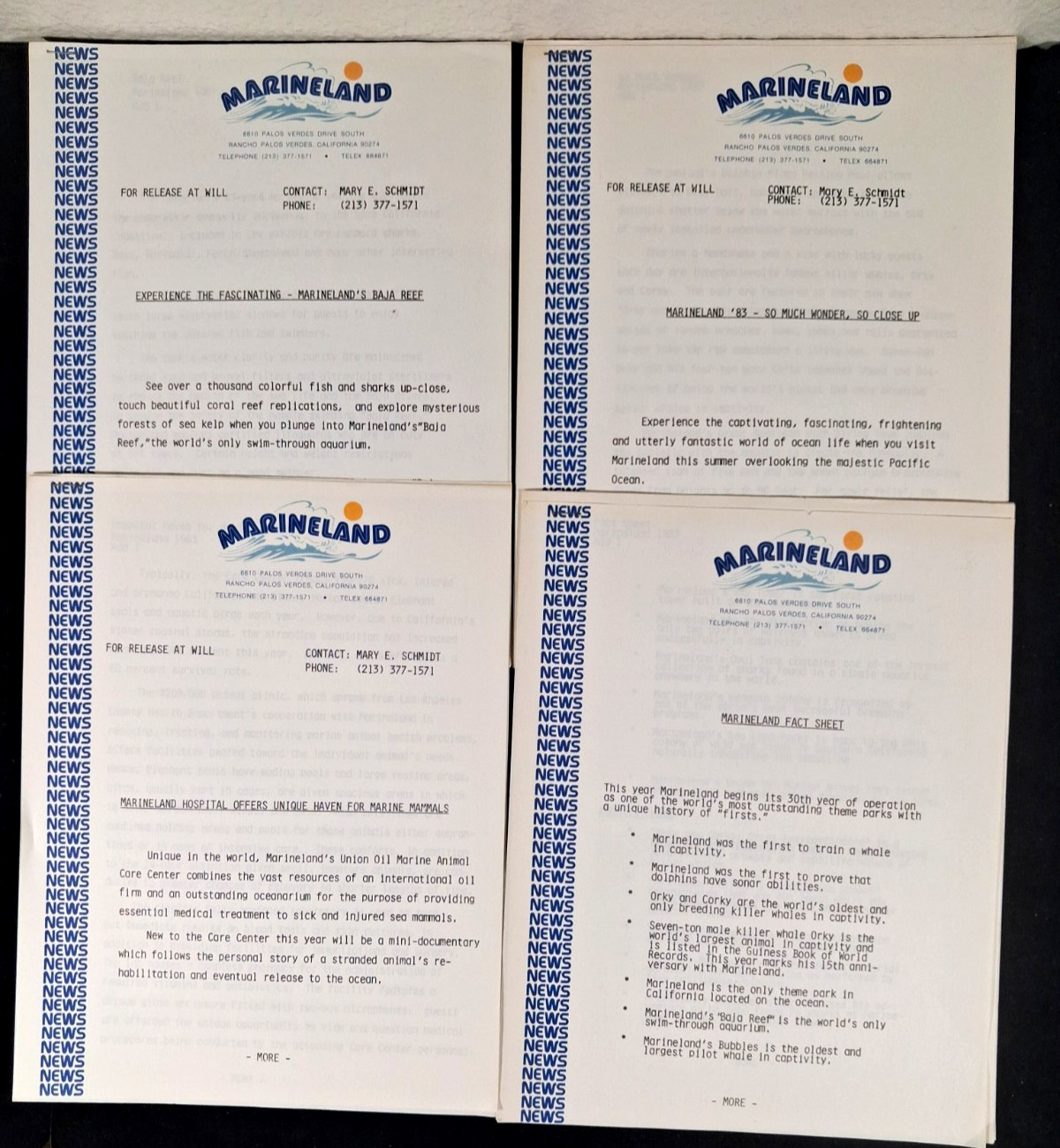 Vintage Marineland Palos Verdes News Letters X4 - 1983 Multiple Pages Each Vintage Marineland Palos Verdes News Letters X4 - 1983 Multiple Pages Each