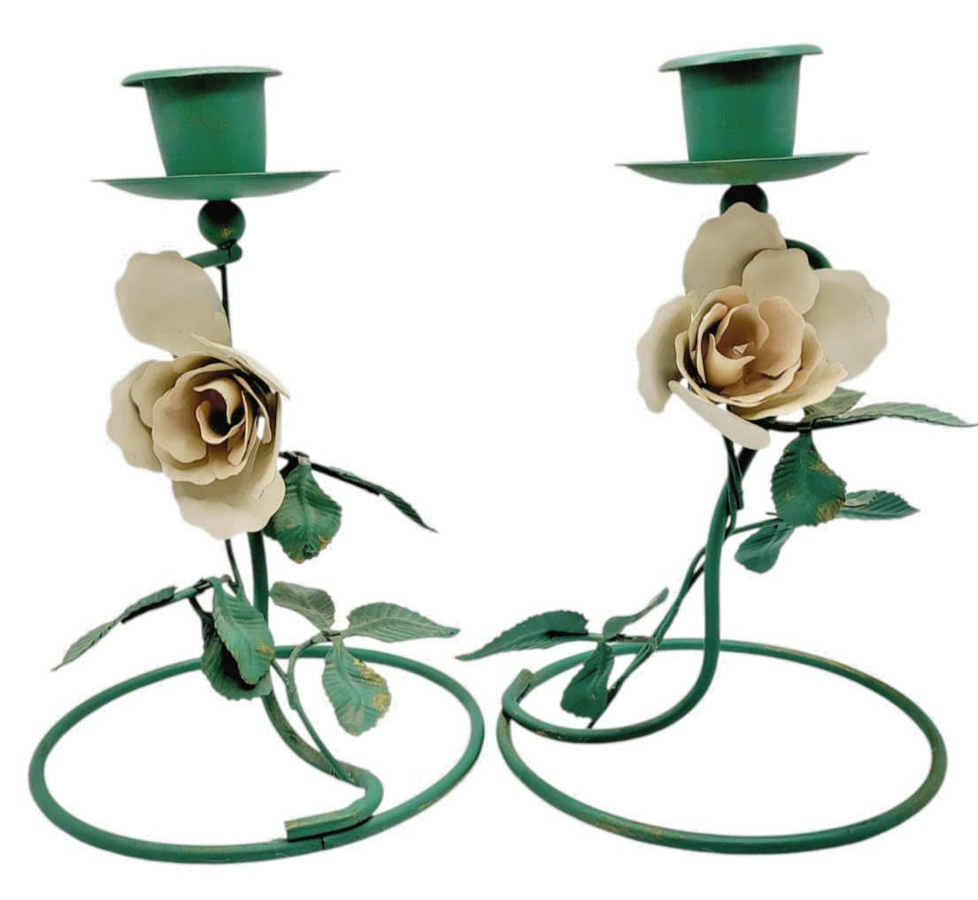 Vintage Green and Cream Toleware Tole Rose Metal Candle Holder Candlesticks Pair Vintage Green and Cream Toleware Tole Rose Metal Candle Holder Candlesticks Pair