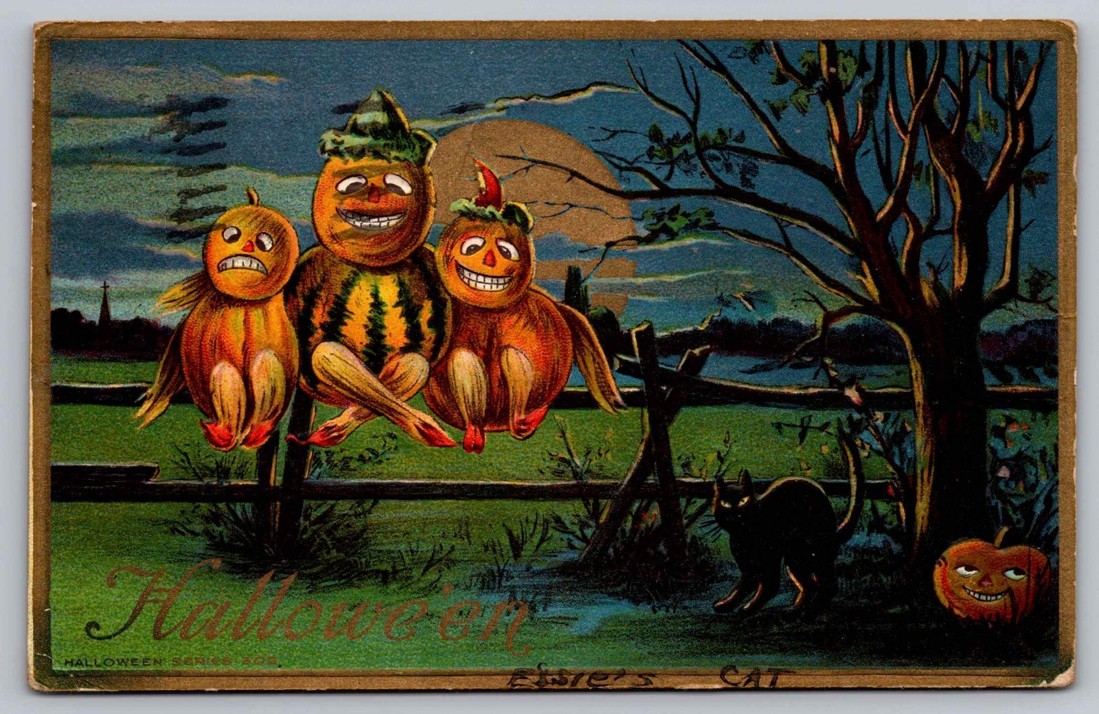 Postcard Halloween JOL Fence Black Cat Moon AMP CO Series 303 Postcard Halloween JOL Fence Black Cat Moon AMP CO Series 303