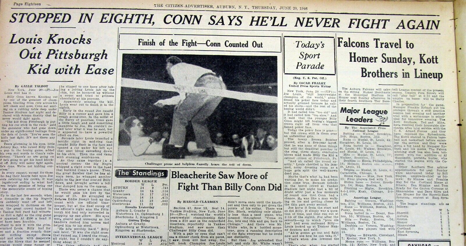 1946 headline newspaper JOE LOUIS defeats BILLY CONN in HEAVYWEIGHT BOXING MATCH