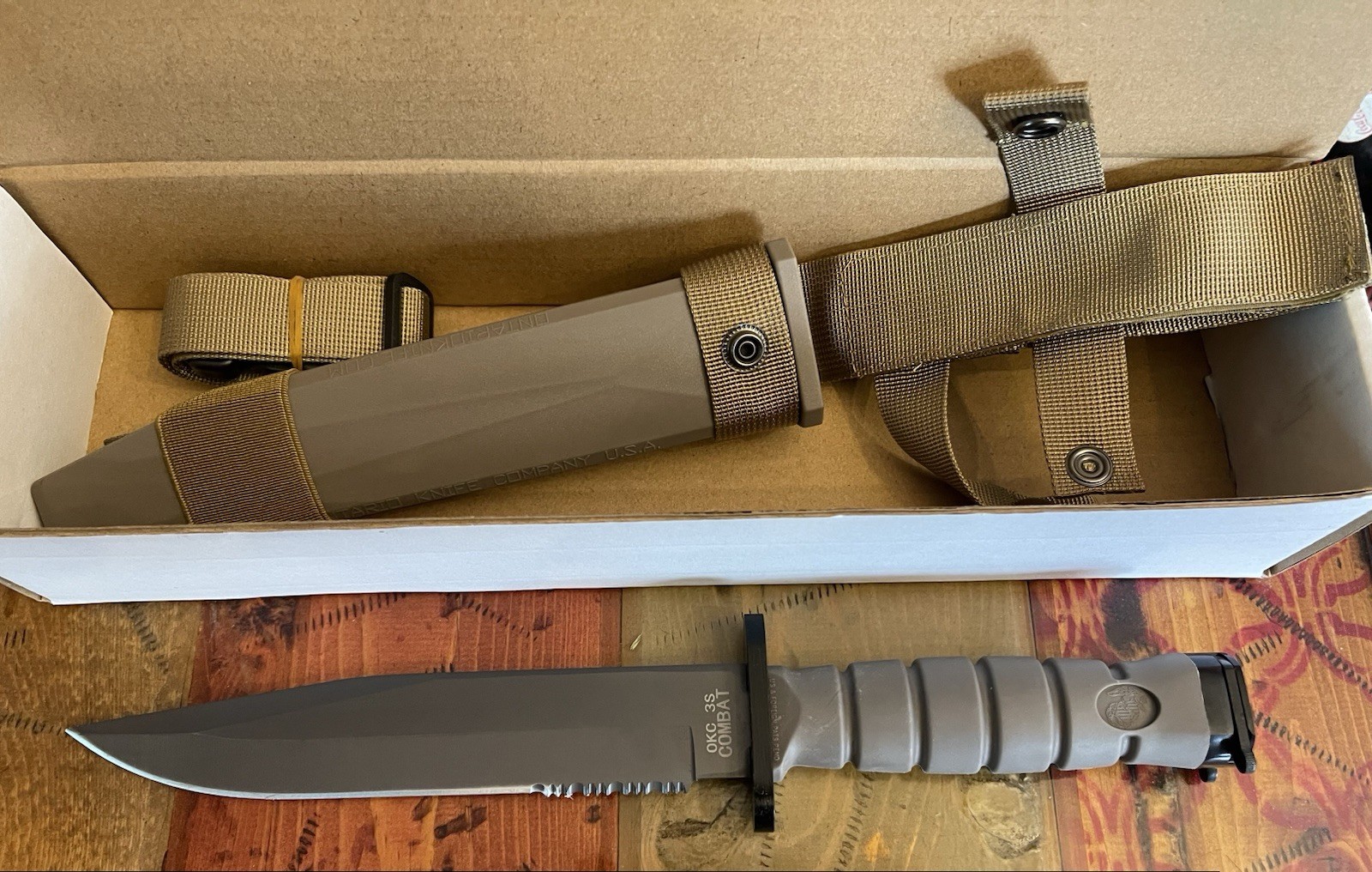 Ontario Knife OKC3S USMC Tan Combat 8" Blade and Scabbard Sharpening Stone Ontario Knife OKC3S USMC Tan Combat 8" Blade and Scabbard Sharpening Stone