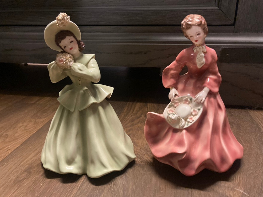 2 Vintage Florence Ceramics Porcelain Victorian Lady Figurines Green Pink Dress 2 Vintage Florence Ceramics Porcelain Victorian Lady Figurines Green Pink Dress