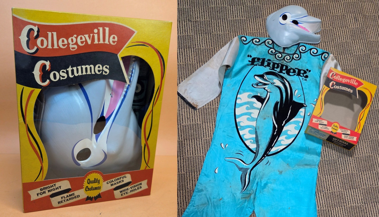 Vintage 1960's FLIPPER Collegeville HALLOWEEN COSTUME & BOX Kids TV Show - NICE