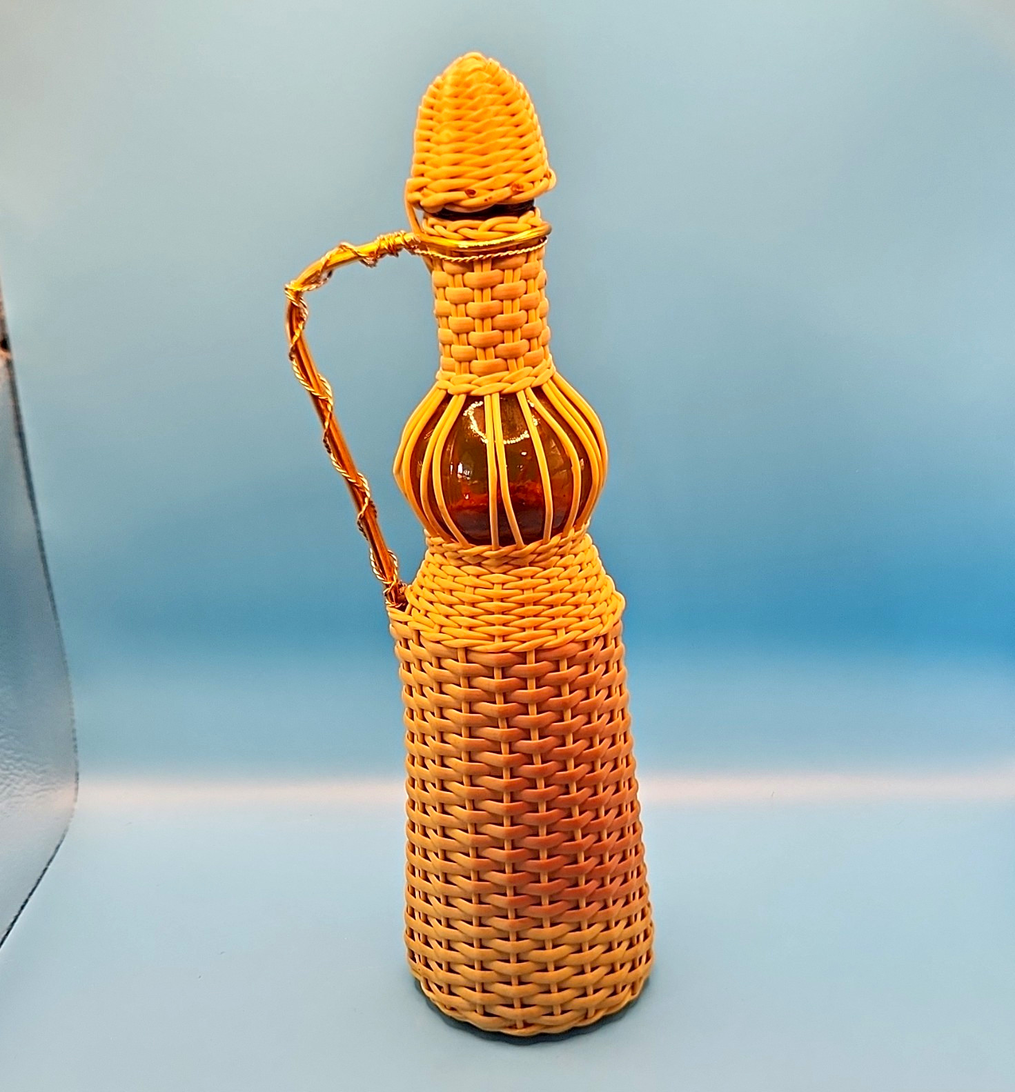 Vintage hand made scoubiou plastic wrapped bottle VIAMAX made in Spain 12" tall