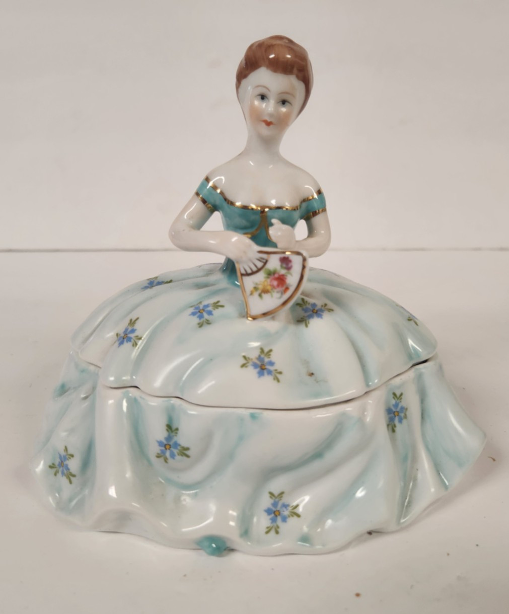 Vintage Limoges Victorian Lady Trinket Box Blue Dress Ballroom Dresser Box