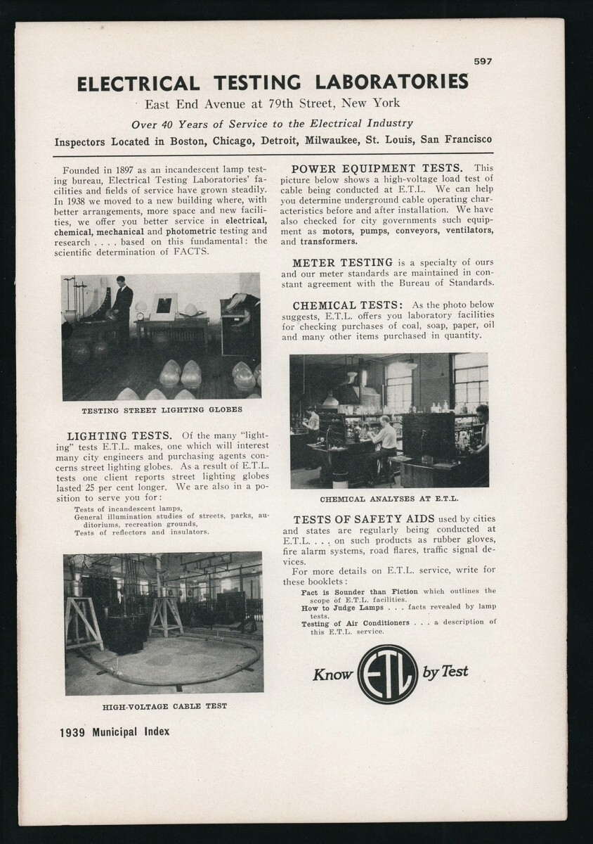 1939 Electrical Testing Laboratories ETL Lighting, Meter tests Vintage print ad 1939 Electrical Testing Laboratories ETL Lighting, Meter tests Vintage print ad