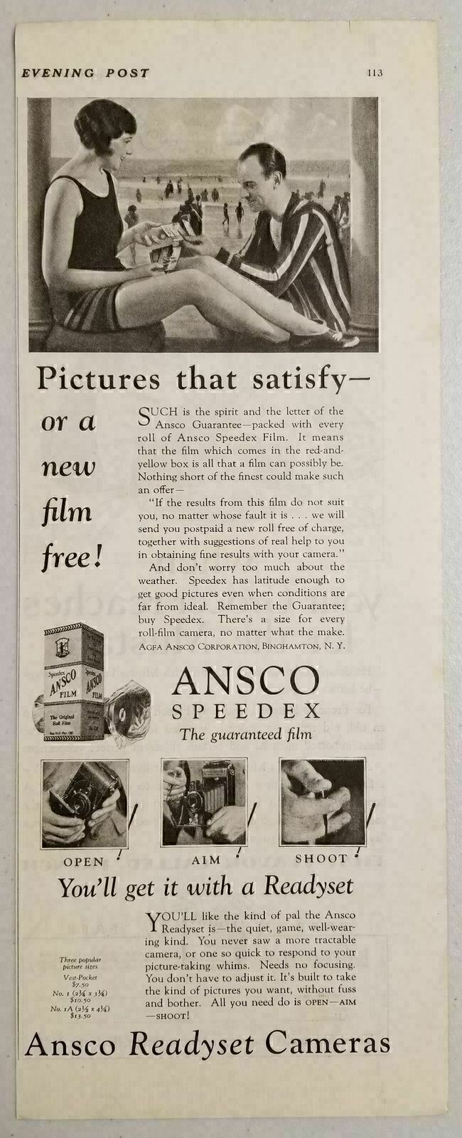 1928 Print Ad Ansco Readyset Cameras & Speedex Film Binghamton,NY
