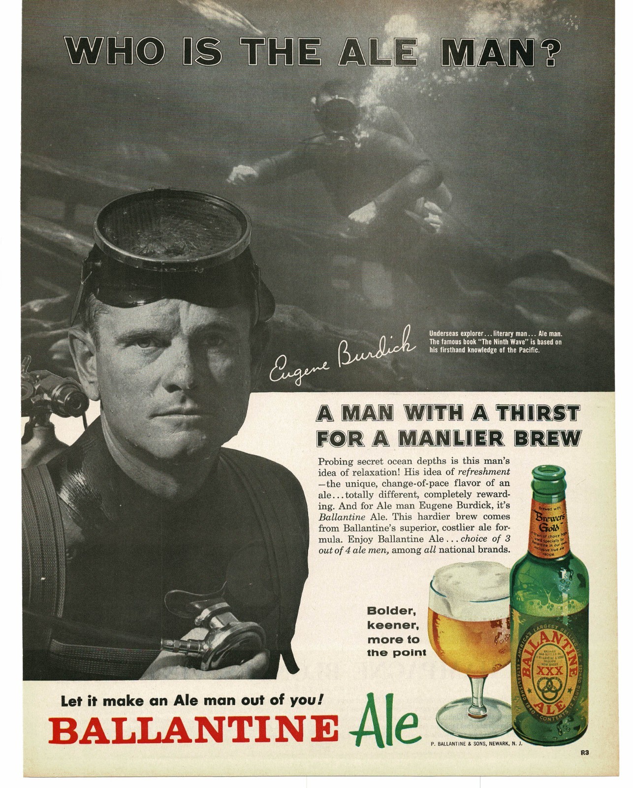 1962 Ballantine Ale Print Ad Scuba Diver Eugene Burdick Author Explorer