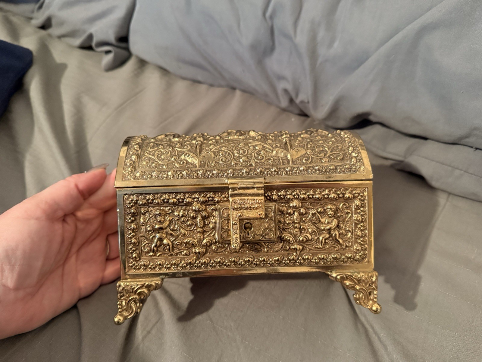 Gold Tone Ornate Embossed Metal Trinket Box Chest w/ Legs, Green Velvet, Latch