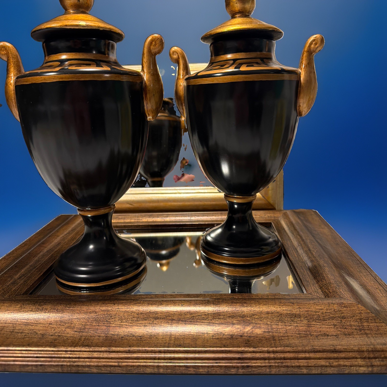 Vintage Raymond Waites Toyo Trading Co. Black Gold Lidded Urns Pair Greek Key Vintage Raymond Waites Toyo Trading Co. Black Gold Lidded Urns Pair Greek Key