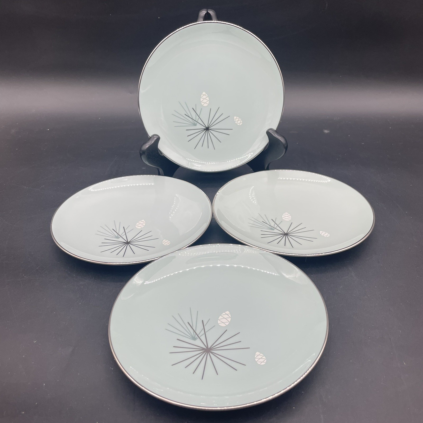 Set Of 4 - Franciscan China Silver Pine Teal Bread & Butter Plates Set Of 4 - Franciscan China Silver Pine Teal Bread & Butter Plates