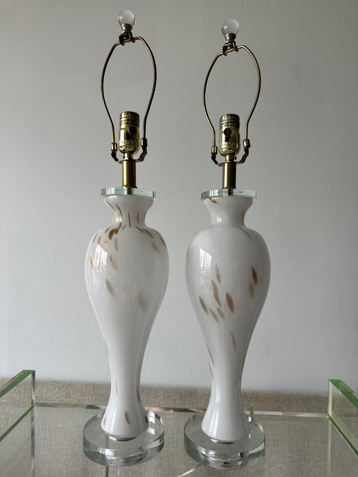 Pair Murano Italy White Gold Art Glass Table Lamps Lucite Bases Vintage