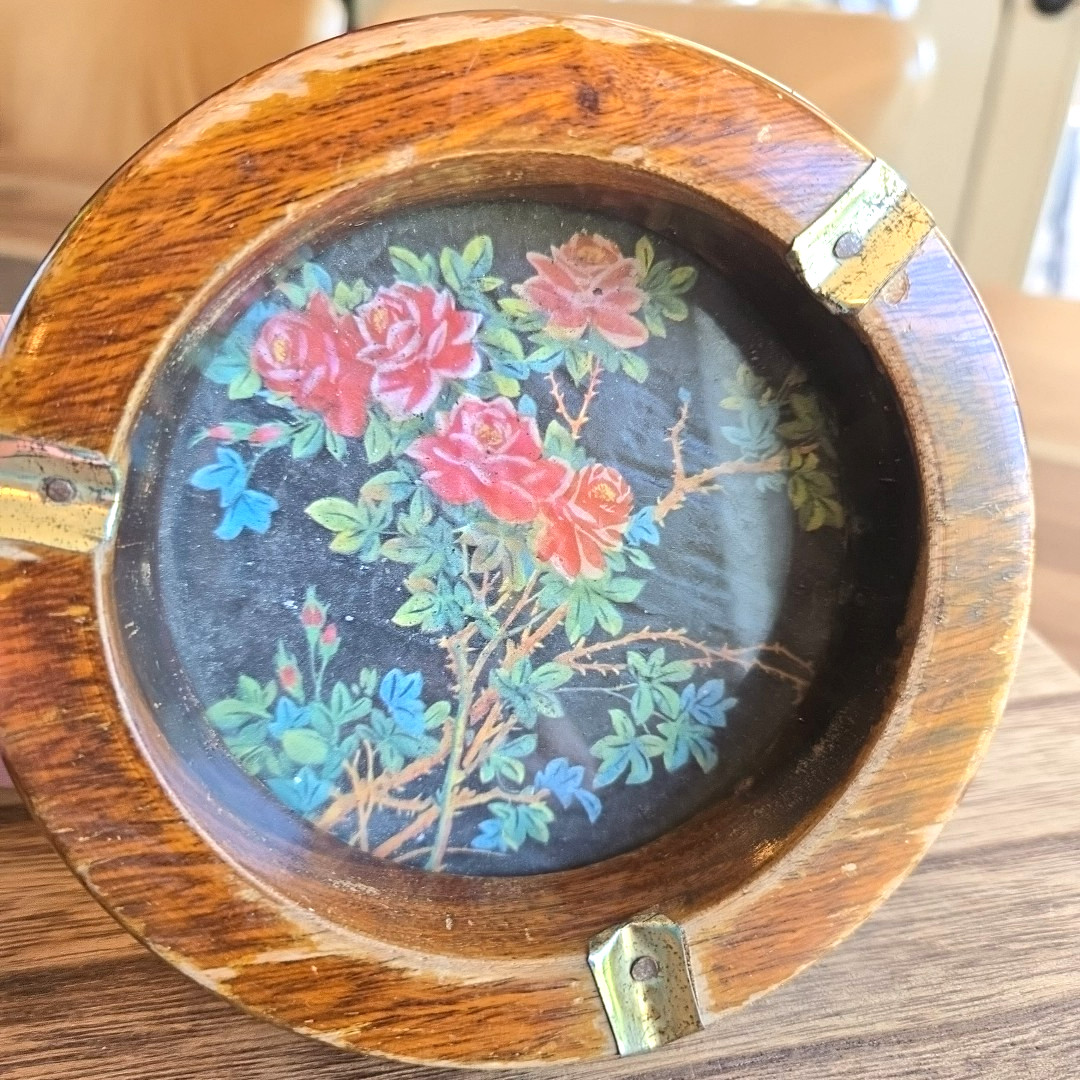 Vintage Unique Ashtray Solid Wood Glass Floral Bottom Brass Resting Edges Vintage Unique Ashtray Solid Wood Glass Floral Bottom Brass Resting Edges