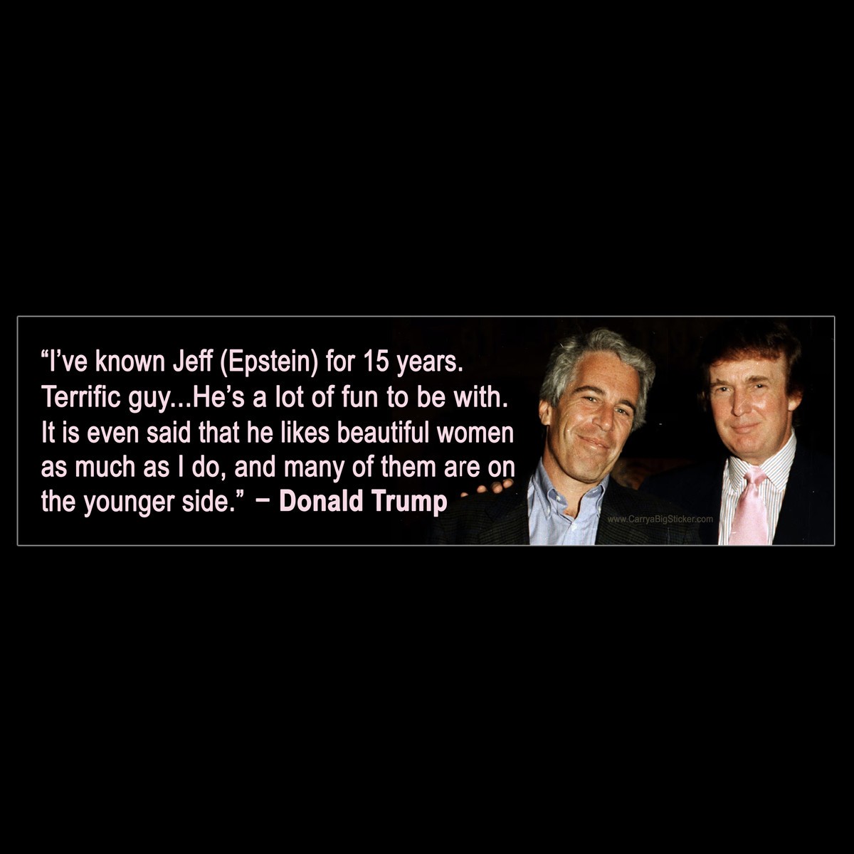 I've known Jeffrey Epstein for 15 years. Terrific guy BUMPER STICKER anti Trump I've known Jeffrey Epstein for 15 years. Terrific guy BUMPER STICKER anti Trump