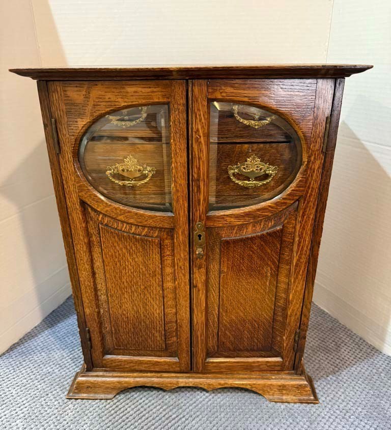Antique OAK PIPE SMOKERS CABINET W/ BEVELED GLASS DOORS - ENGLAND Antique OAK PIPE SMOKERS CABINET W/ BEVELED GLASS DOORS - ENGLAND
