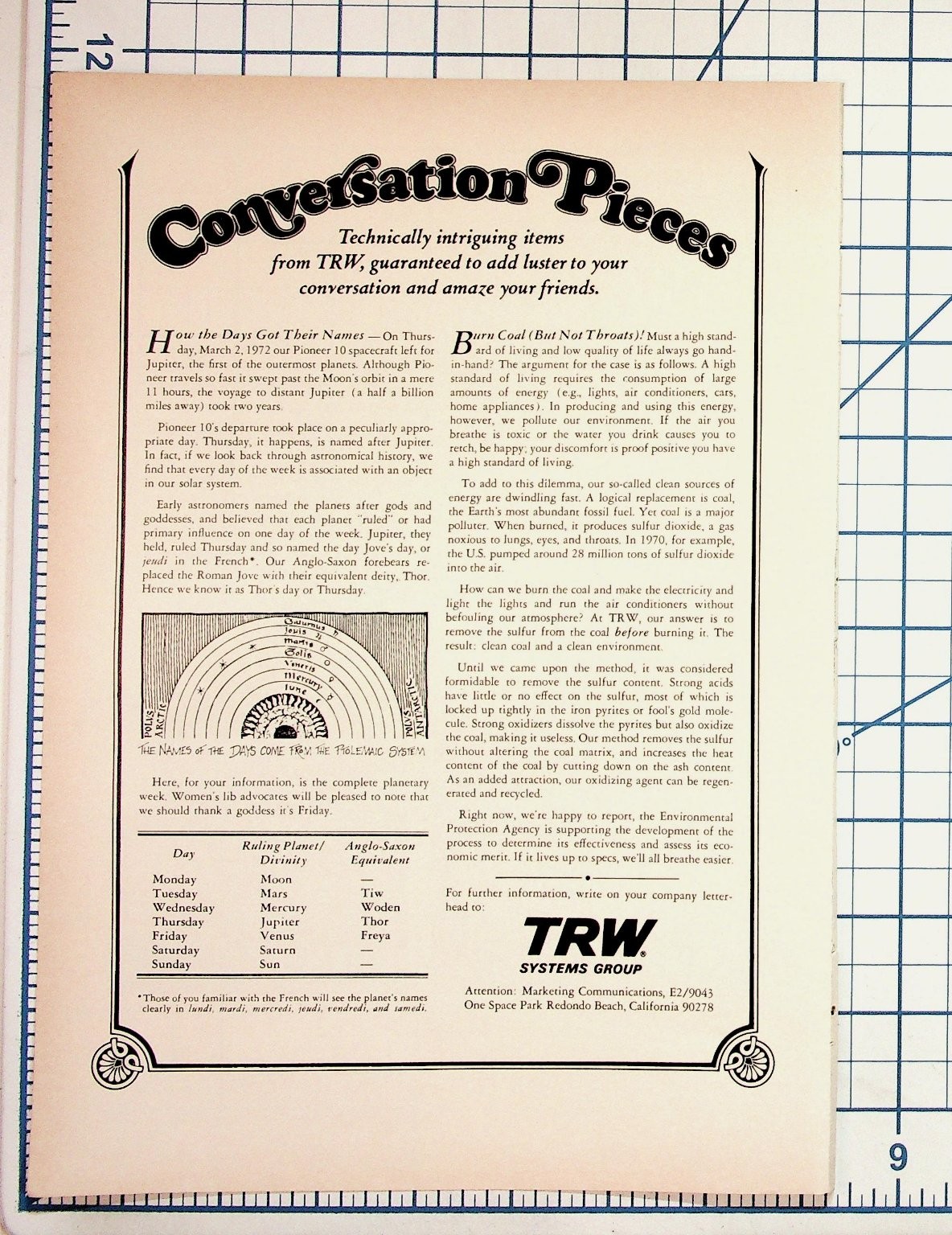 TRW Conversation Pieces Magazine Ad 1972 Pioneer 10 Coal Pollution Ephemera TRW Conversation Pieces Magazine Ad 1972 Pioneer 10 Coal Pollution Ephemera