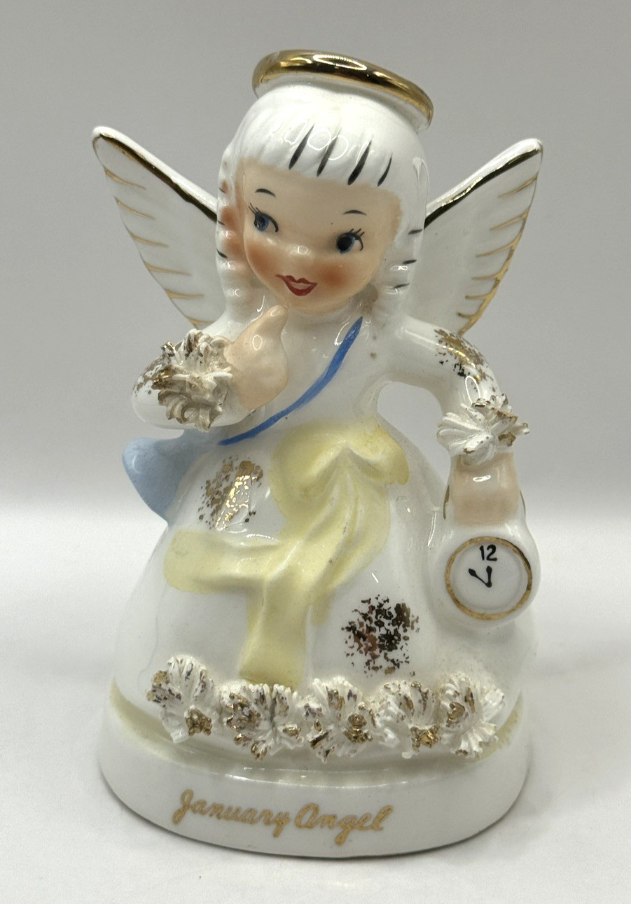 Vintage JANUARY Birthday Angel Girl Figurine 4.25” Spaghetti Trim Vintage JANUARY Birthday Angel Girl Figurine 4.25” Spaghetti Trim