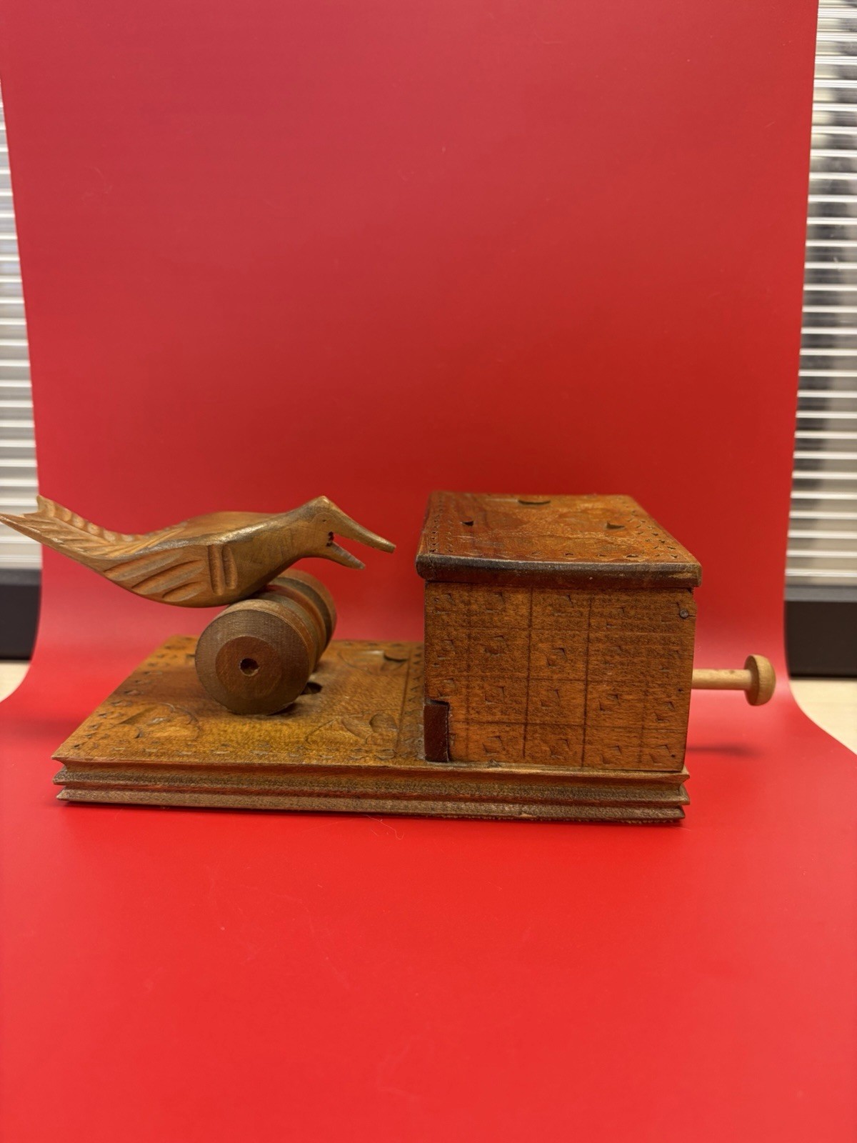 Vintage Mid Century Modern Carved Wood Cigarette Dispensers With Mechanical Bird Vintage Mid Century Modern Carved Wood Cigarette Dispensers With Mechanical Bird