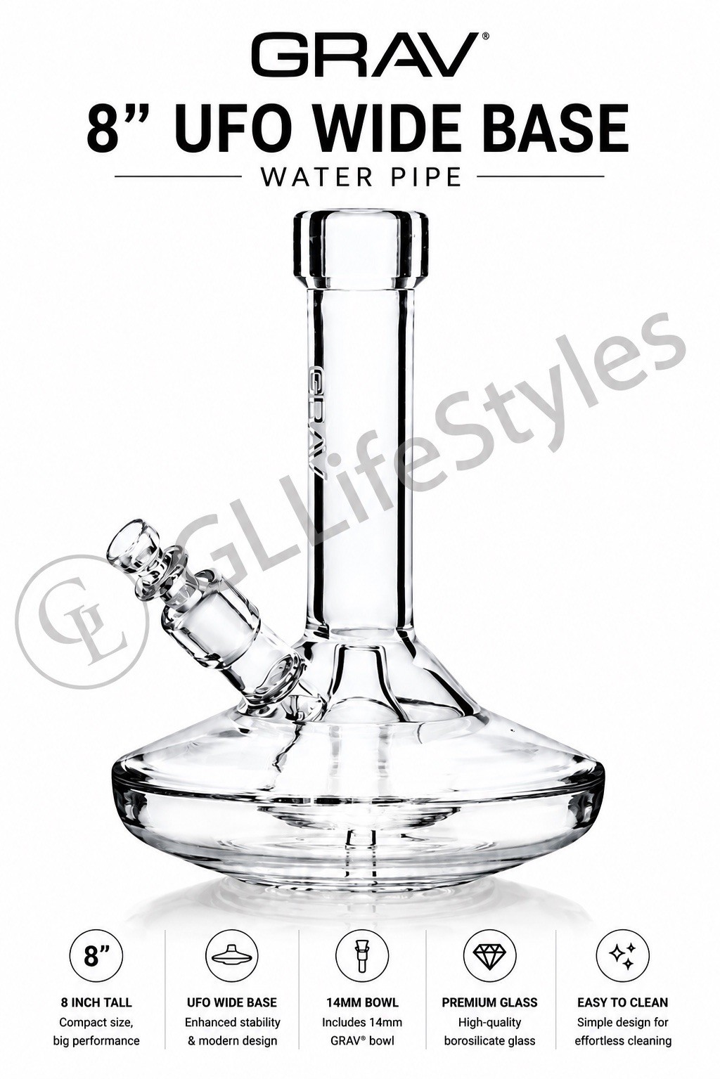 Grav® UFO 8" Inch Small Wide Base Water Pipe Bong Glass Hookah, THICK GLASS Grav® UFO 8" Inch Small Wide Base Water Pipe Bong Glass Hookah, THICK GLASS