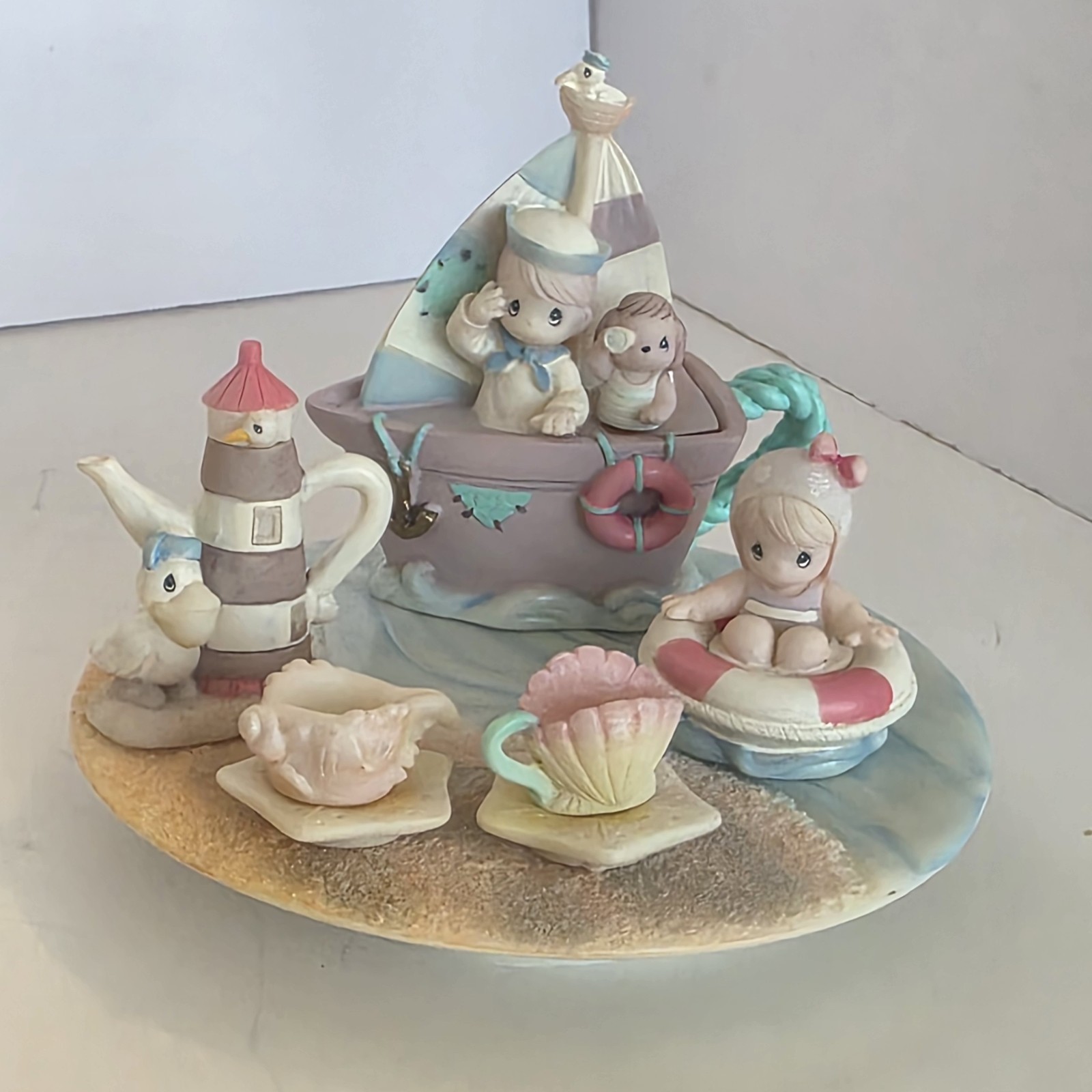 Vintage Precious Moments Mini Sand Castle Beach Child Tea Set with Display Tray Vintage Precious Moments Mini Sand Castle Beach Child Tea Set with Display Tray