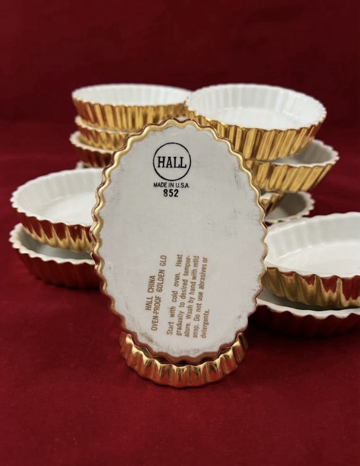 Vintage Hall China Golden Glo 852 Oval Fluted Ramekins Tart Dishes Set of 10 USA