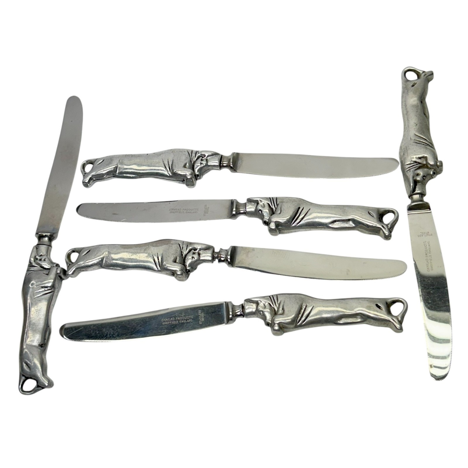 Set of 6 Oxhead Sheffield Stainless Bull Steer Cow Carving Steak Knives Pewter Set of 6 Oxhead Sheffield Stainless Bull Steer Cow Carving Steak Knives Pewter