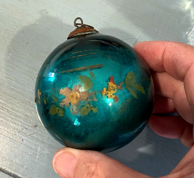 Antique 1800s German Kugel Heavy 3" Ornament Brass Cap Rare Teal Hand Painted Antique 1800s German Kugel Heavy 3" Ornament Brass Cap Rare Teal Hand Painted