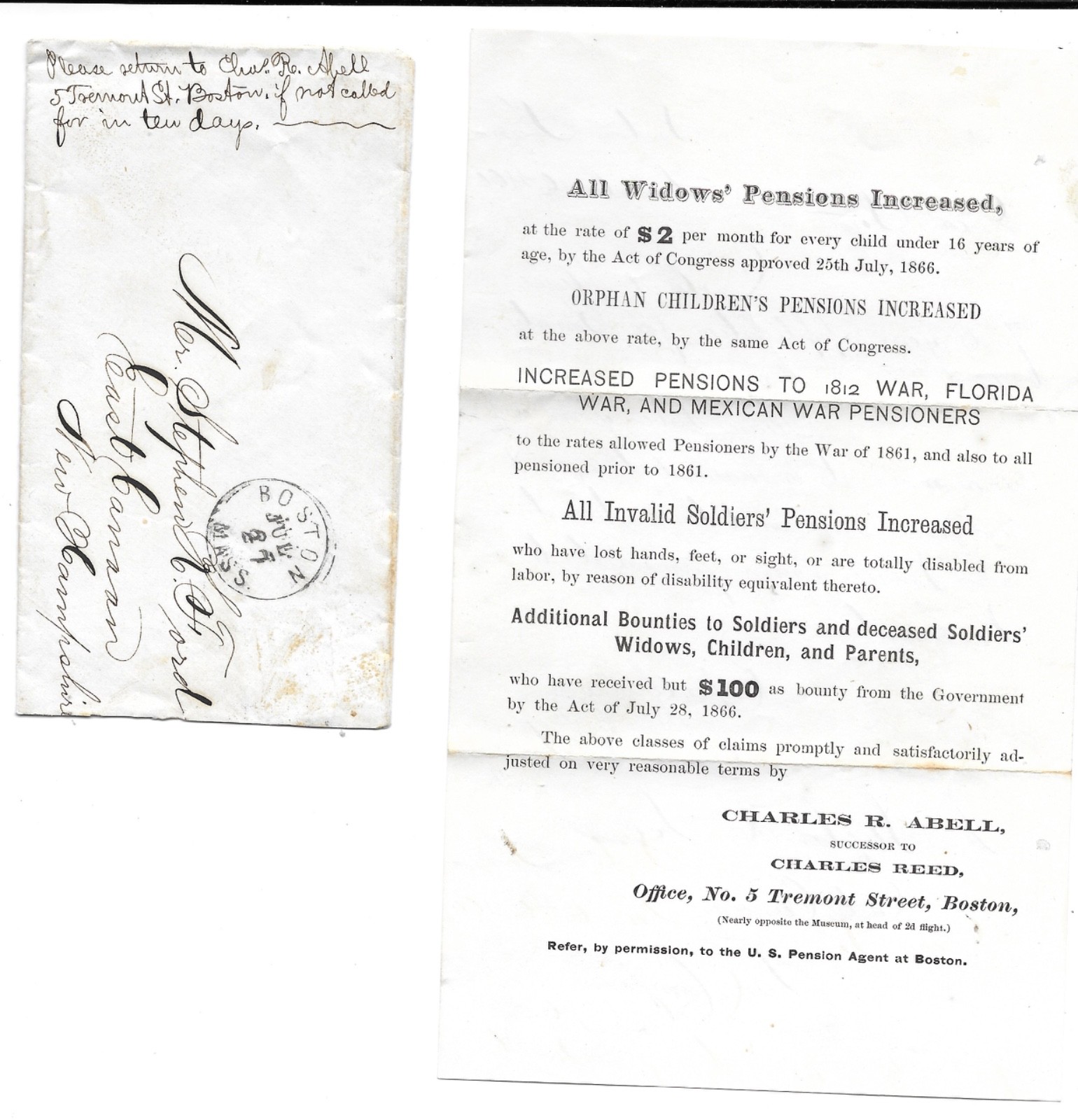 RARE 1866 Civil War Letter Military Pension Bounty Money Stephen Ford Canaan NH