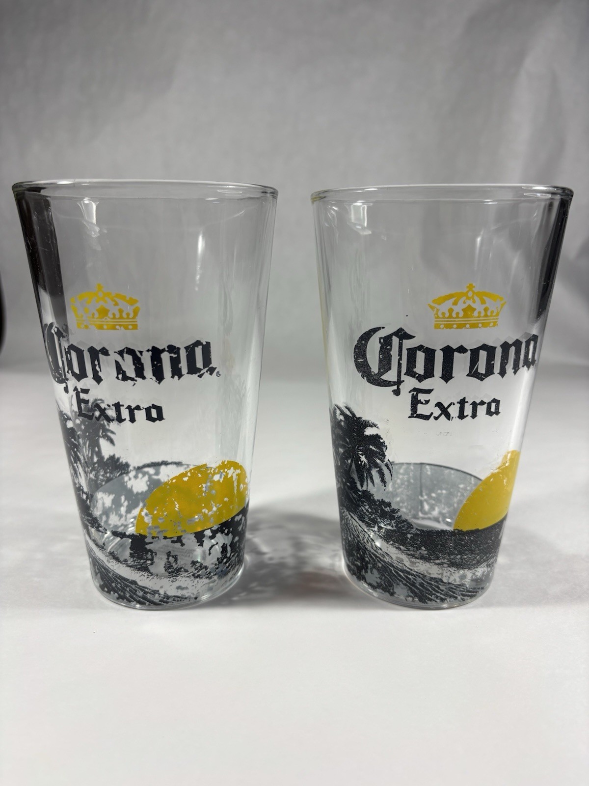 Rare CORONA EXTRA HEAVY DUTY BEER GLASS 6" PINT Ocean Setting Sun Palm SET OF 2 Rare CORONA EXTRA HEAVY DUTY BEER GLASS 6" PINT Ocean Setting Sun Palm SET OF 2