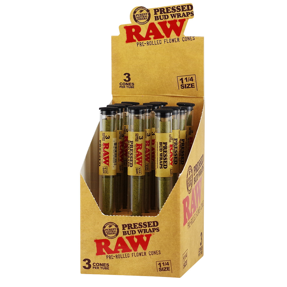 RAW Pressed Wraps 1 1/4 Pre Rolled Cones 3 Cones Per-Pack 12ct Display RAW Pressed Wraps 1 1/4 Pre Rolled Cones 3 Cones Per-Pack 12ct Display