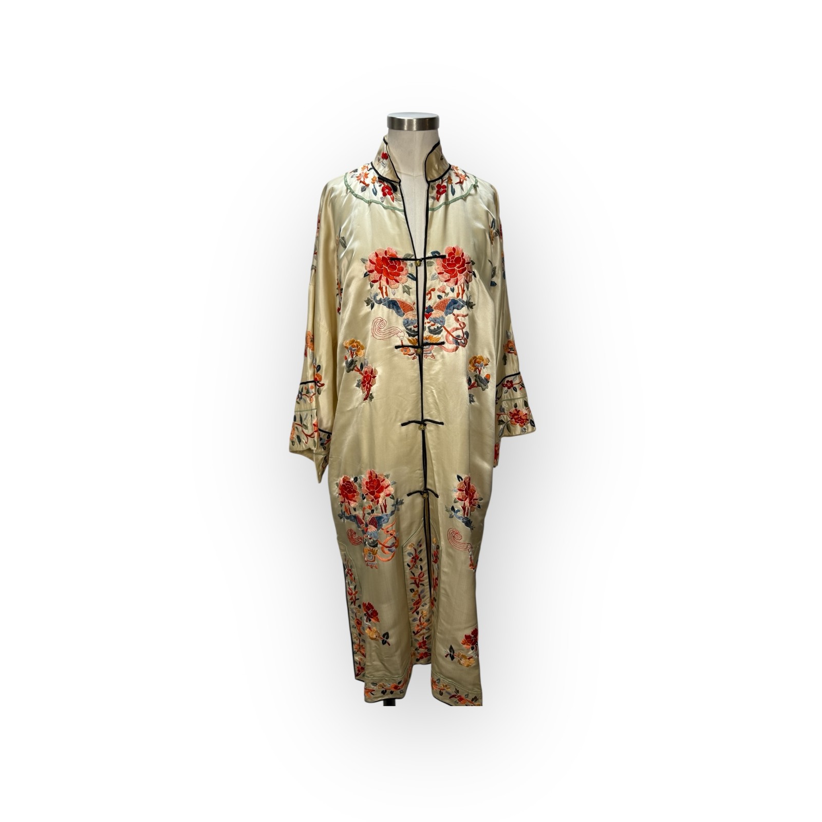 Antique 1920's Chinese Silk Embroidered Ornate Brass Buttons Butterfly Robe Coat Antique 1920's Chinese Silk Embroidered Ornate Brass Buttons Butterfly Robe Coat