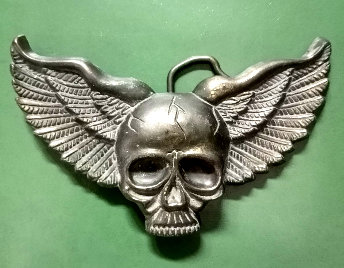 Vtg 70s Brass MBCI Skull Wings Motorcycle Bikers Big Bad 4" Belt Buckle USA Cast