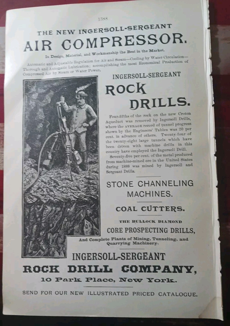 1890 Print Advertising INGERSOLL SERGEANT ROCK DRILL COMPANY Coal Cutters NYC