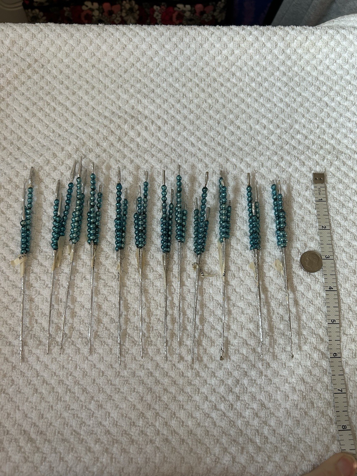 12 Vintage Dead Stock Aqua Turquoise Mercury Glass Bead Spray Picks 6”, 3 Stems 12 Vintage Dead Stock Aqua Turquoise Mercury Glass Bead Spray Picks 6”, 3 Stems