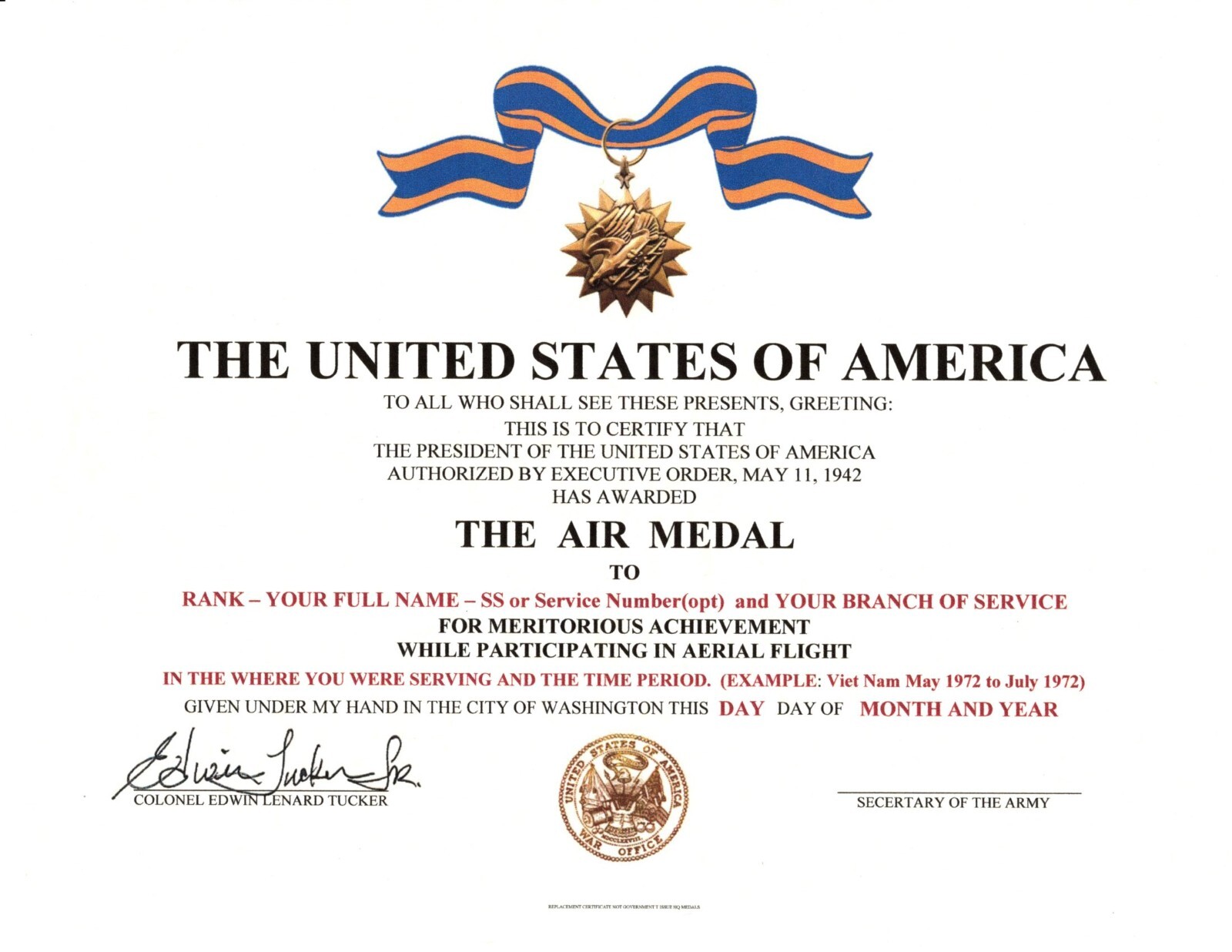 The Air Medal Replacement Certificate Army Navy Air Force Marines Coast Guard The Air Medal Replacement Certificate Army Navy Air Force Marines Coast Guard