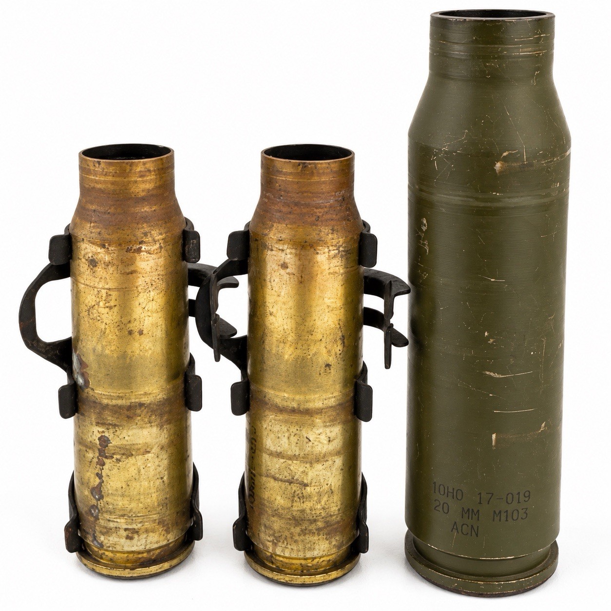 Pair Vintage 20mm M103 Brass Display Tubes Links Military Desk Art Pair Vintage 20mm M103 Brass Display Tubes Links Military Desk Art
