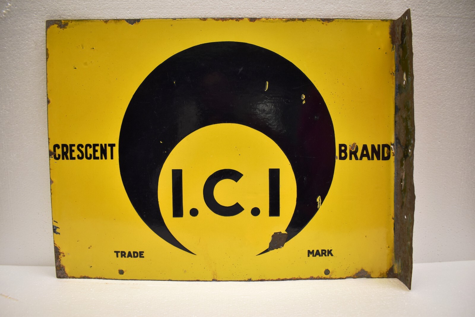 Vintage ICI Crescent Brand Enamel Advertising Sign Yellow Black 20x15 Industrial
