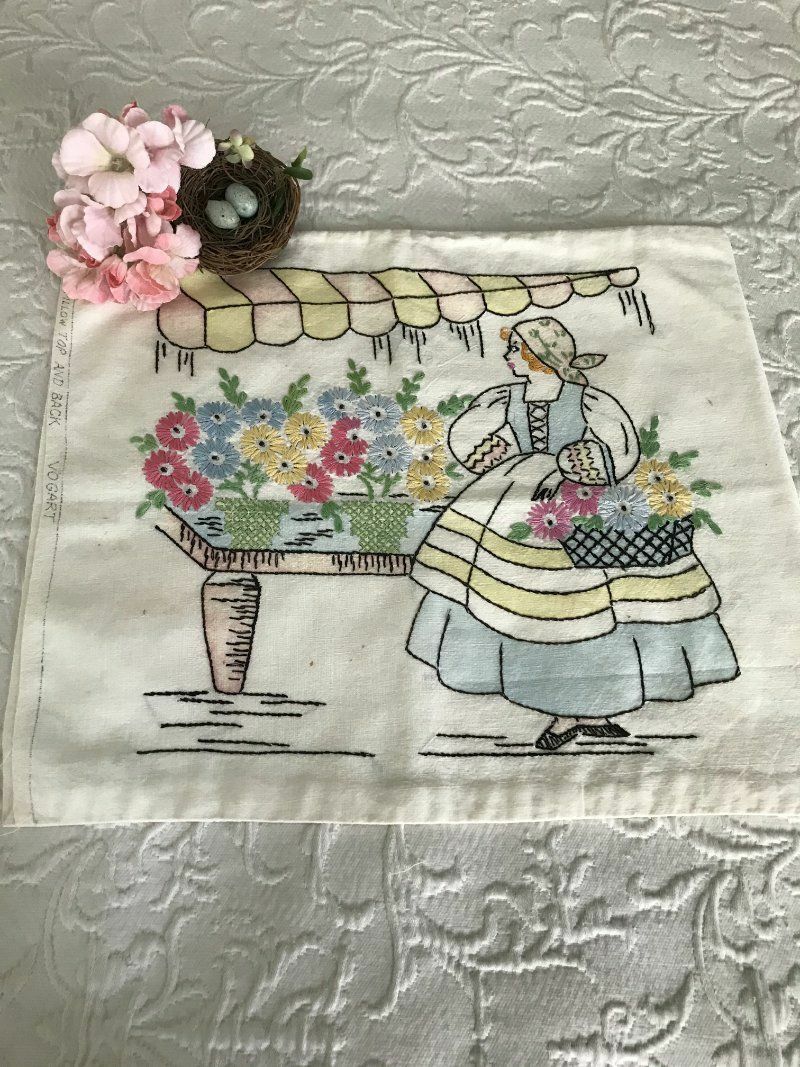 GORGEOUS 1930s VOGART Embroidered FRENCH GIRL & FLOWER CART Vintage Pillow Cover GORGEOUS 1930s VOGART Embroidered FRENCH GIRL & FLOWER CART Vintage Pillow Cover