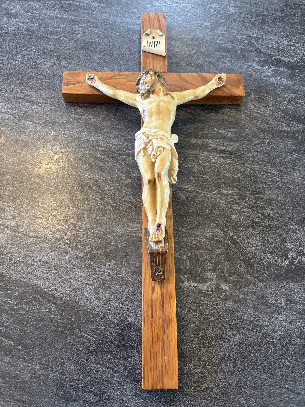 Vintage Painted Metal & Wood 20" Wall Cross Crucifix Jesus Cross Hanging INRI BB