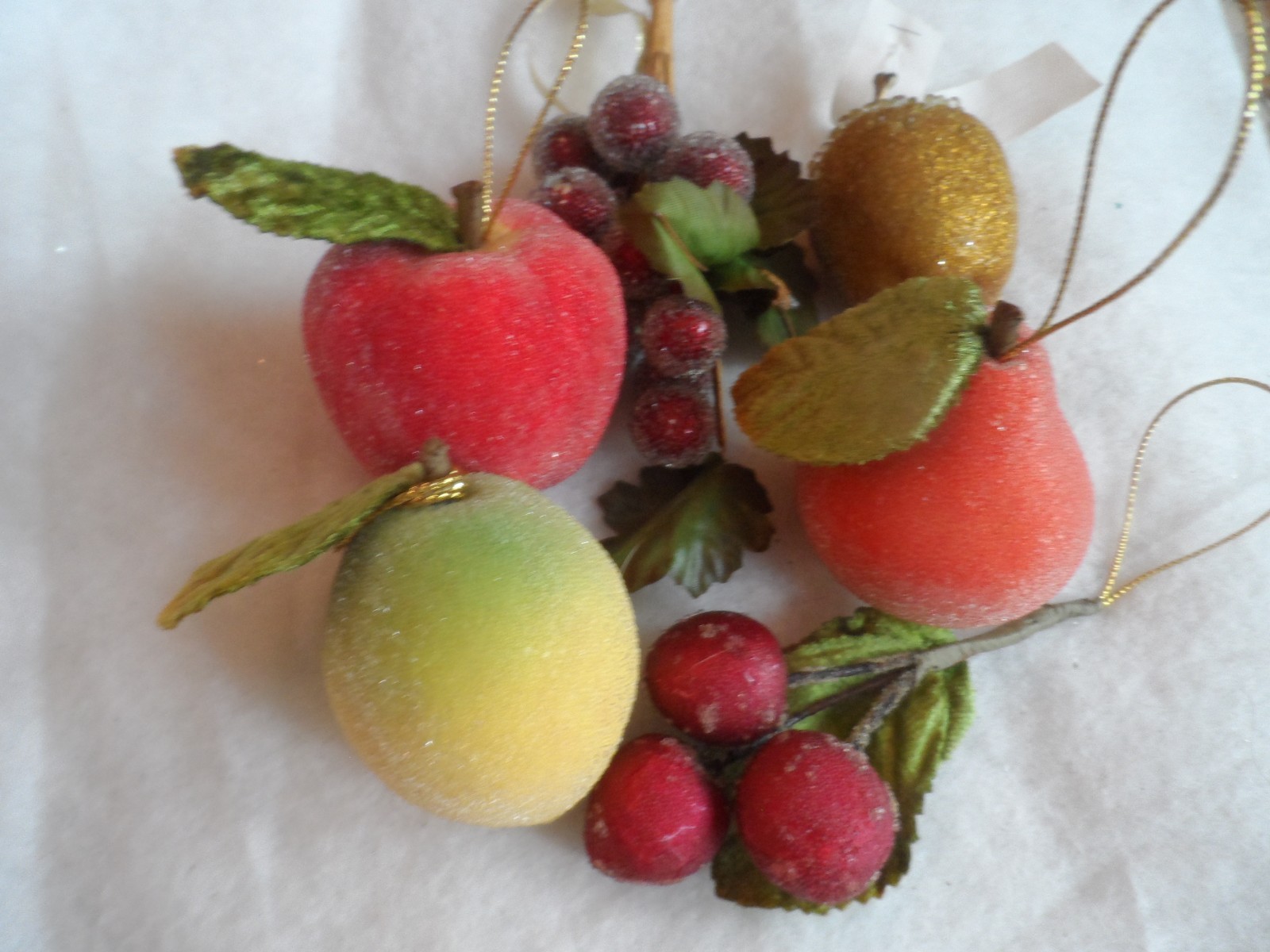 Vtg Ornaments- MNI SIZE SUGAR FROSTED FRUIT- PEAR, BERRY/GRAPE, LEMON & APPLES