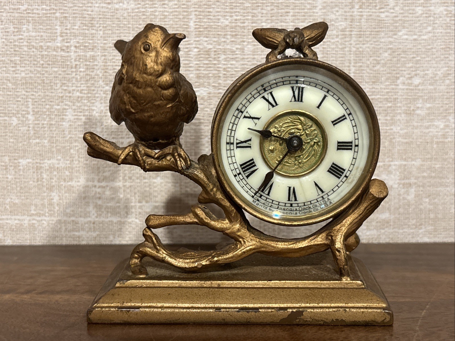 Rare Antique 1886 Ansonia Clock Co. “Warbler” Figural Gilt Bird Desk Clock Rare Antique 1886 Ansonia Clock Co. “Warbler” Figural Gilt Bird Desk Clock