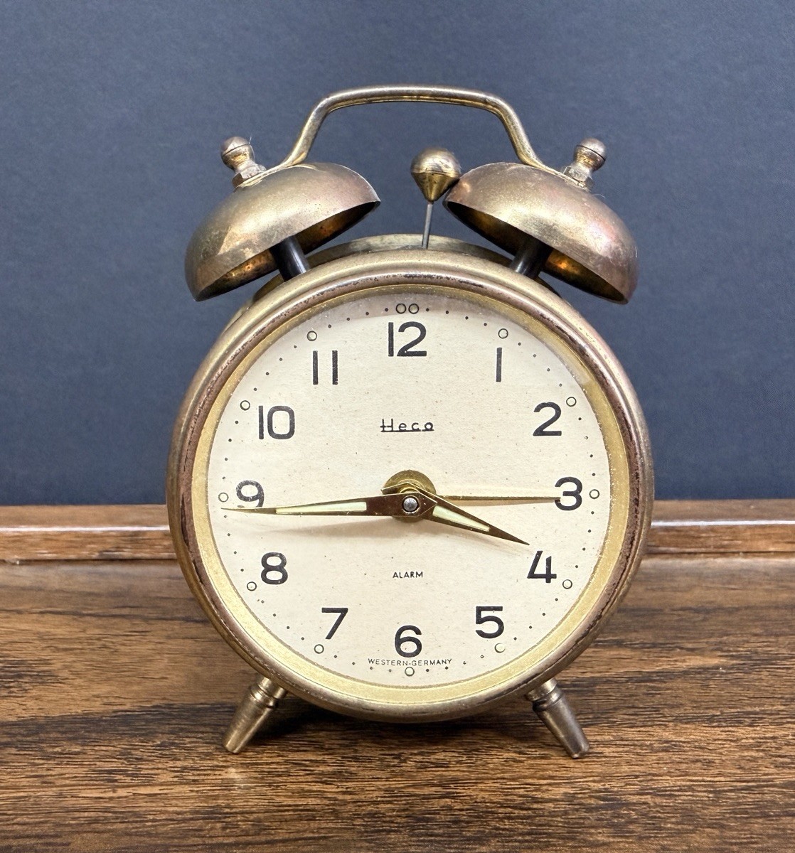 Vintage Heco Twin Bell Alarm Clock Wind Up Western Germany Brass Tone WORKS Vintage Heco Twin Bell Alarm Clock Wind Up Western Germany Brass Tone WORKS