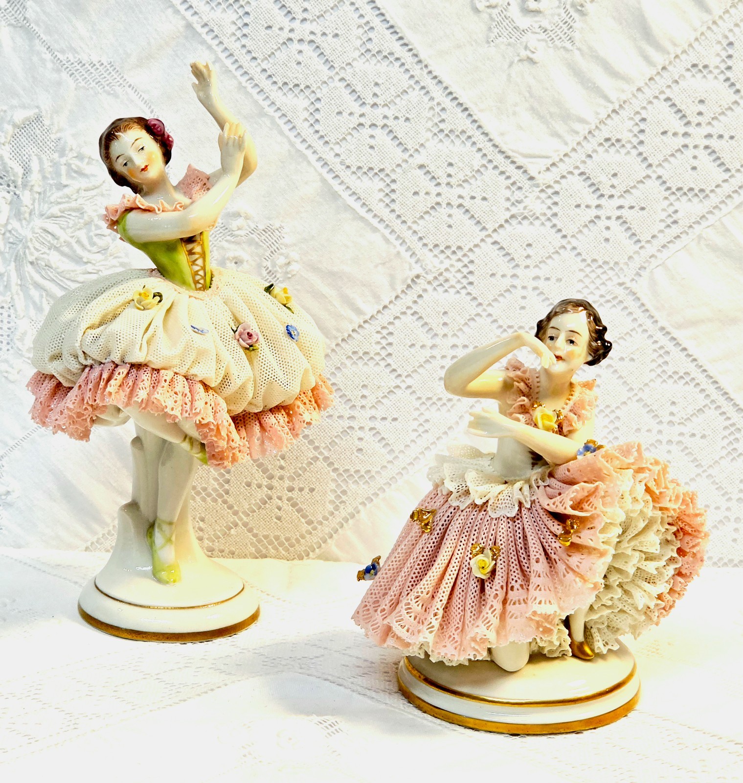 #8 Figurines a Pair of Antique German Dresden Lace Ballerinas 7" & 5" Tall