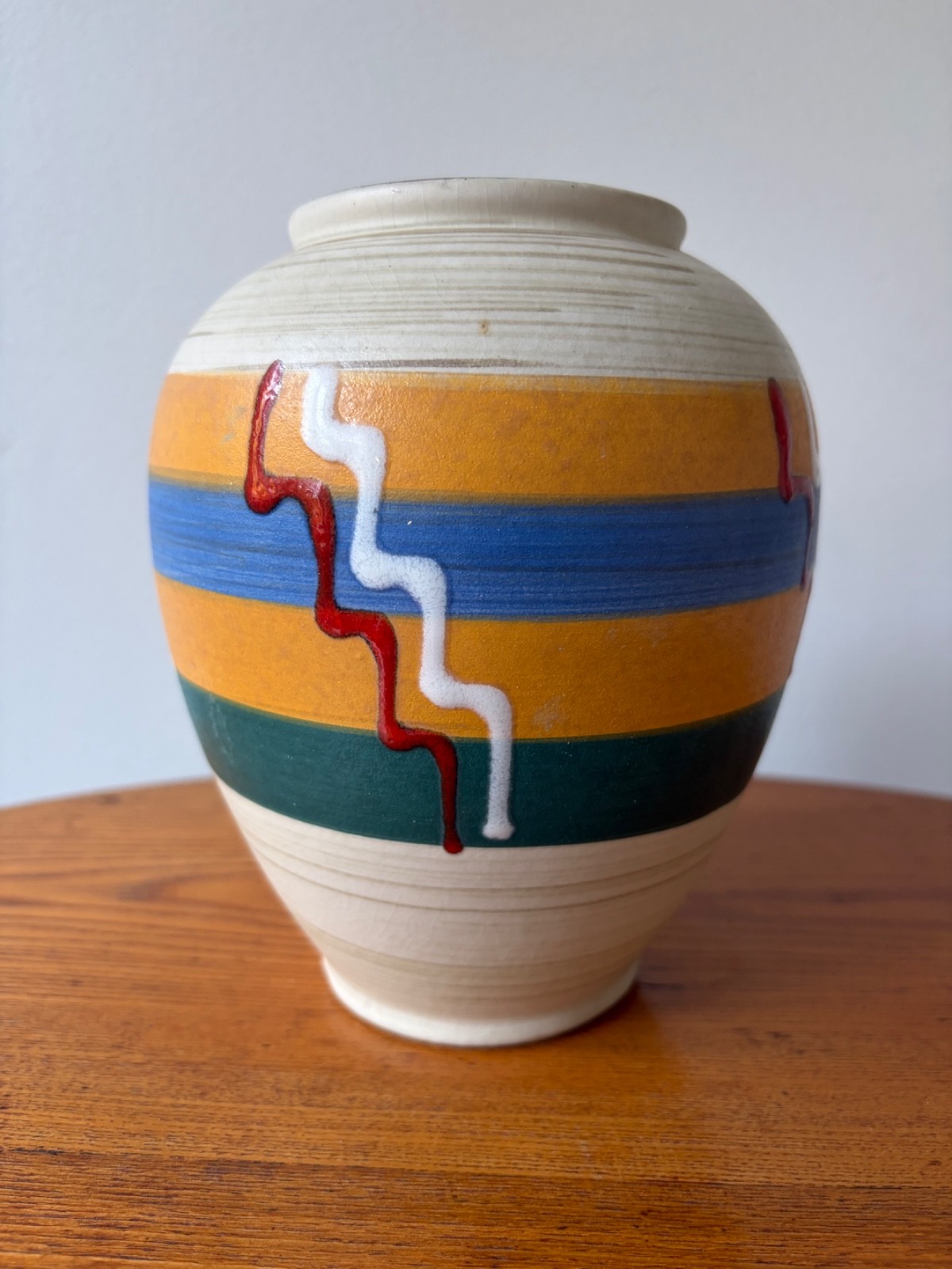 West Germany 7” tall vibrant, colorful vase with teal interior mid-century West Germany 7” tall vibrant, colorful vase with teal interior mid-century