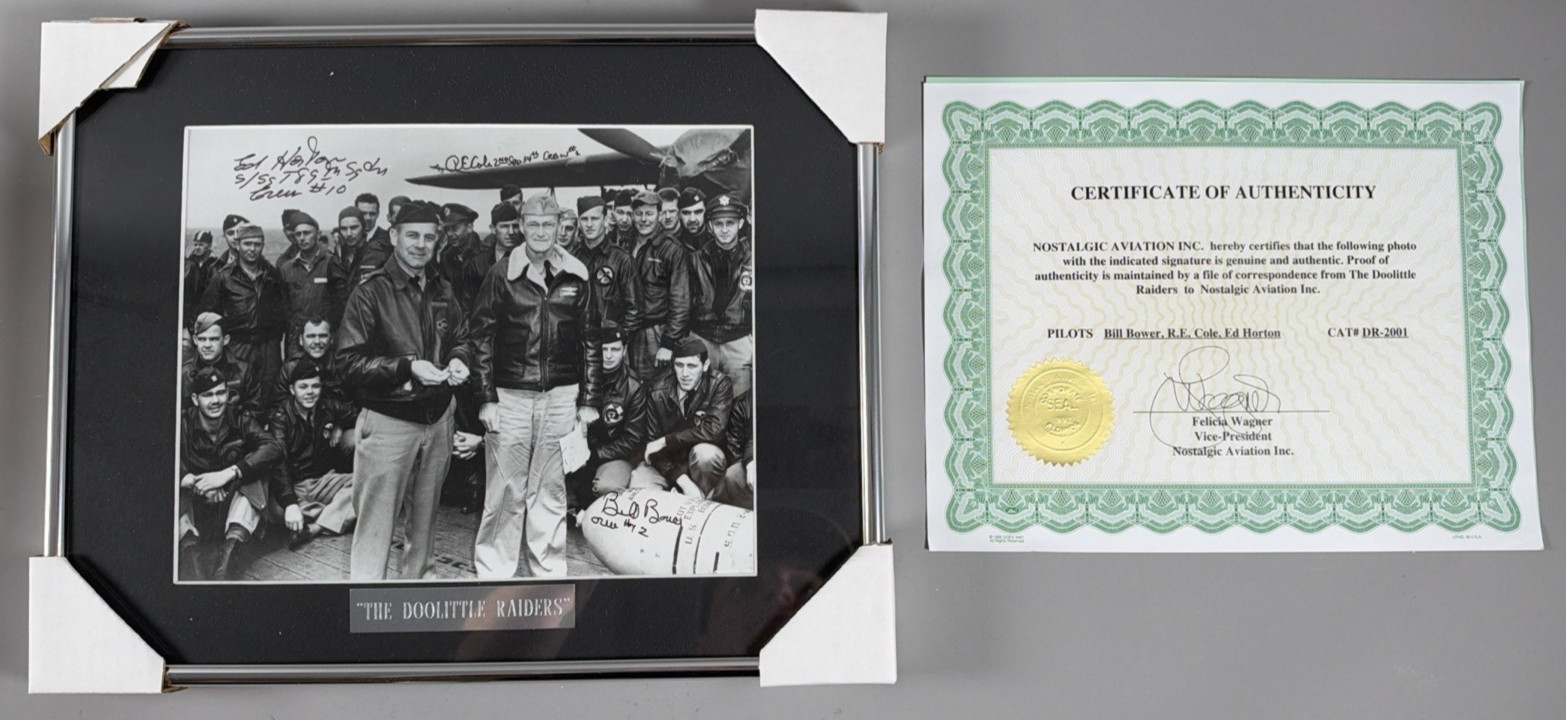 Doolittle Raiders Signed Photo Bill Bower, RE Cole, Ed Horton Framed WWII Doolittle Raiders Signed Photo Bill Bower, RE Cole, Ed Horton Framed WWII