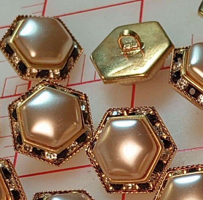 5 Fine Vintage Czech Shank Button Hexagon Pearl Tiny Rhinestones Clear Blue 3/4"