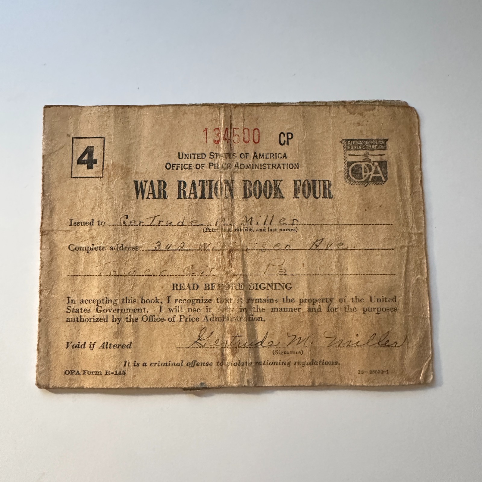 Gertrude M. Miller Book 4 1940s WWII Ration Book 4TH9-RB Gertrude M. Miller Book 4 1940s WWII Ration Book 4TH9-RB