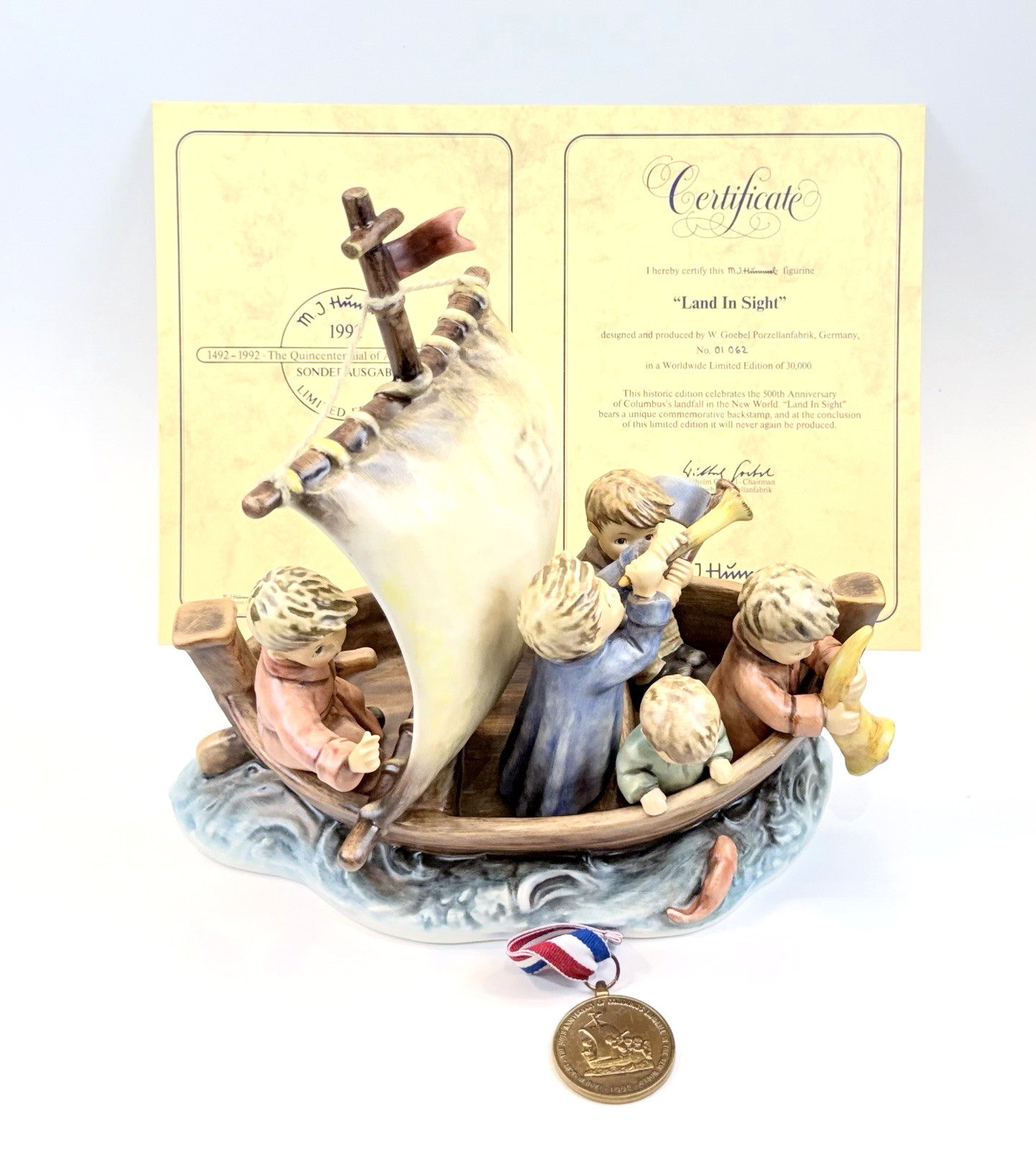 MJ Hummel W. Goebel "LAND IN SIGHT" #190 Limited Ed. 1992 w/ Box, COA & Medal