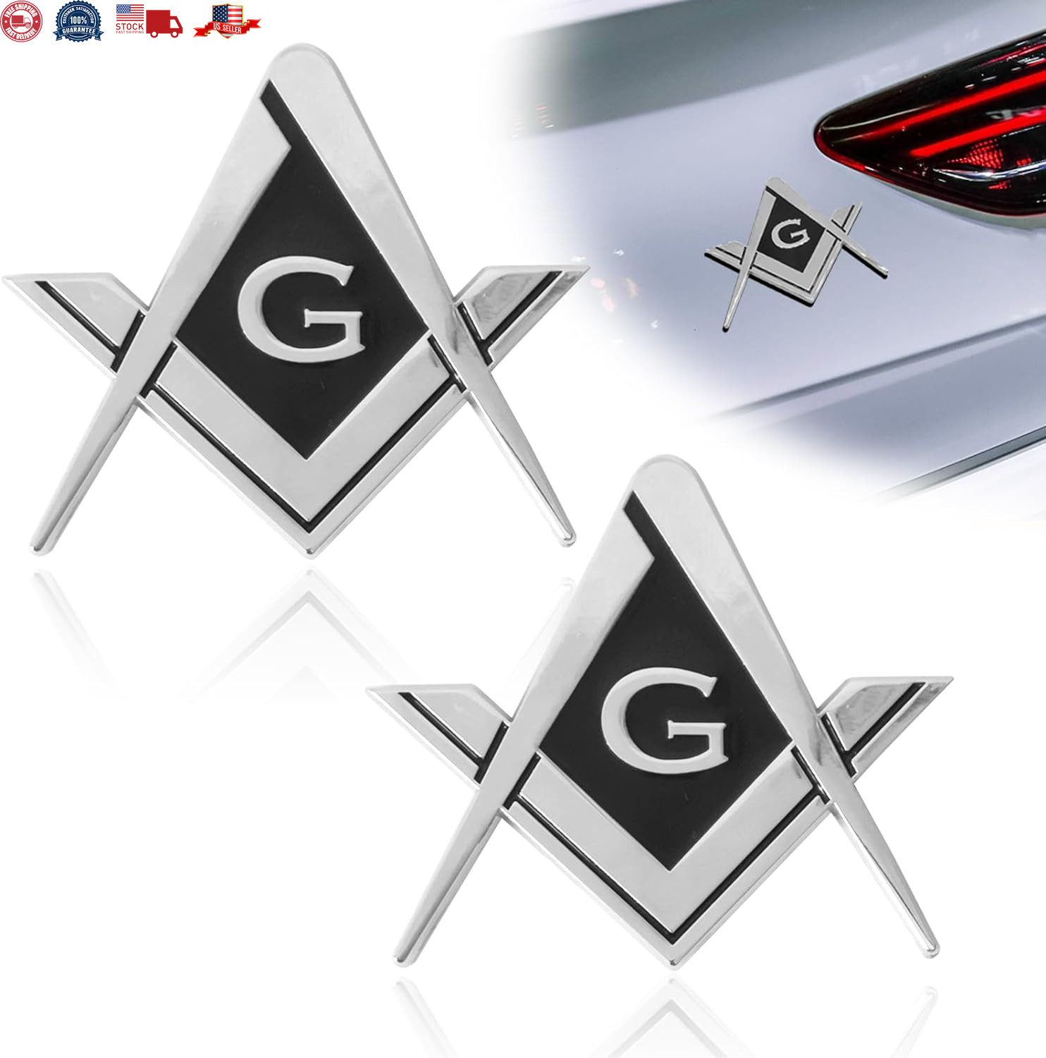 2Pcs Masonic Car Emblem 2.75" Compass Auto Truck Metal Decal Mason Square Auto 2Pcs Masonic Car Emblem 2.75" Compass Auto Truck Metal Decal Mason Square Auto